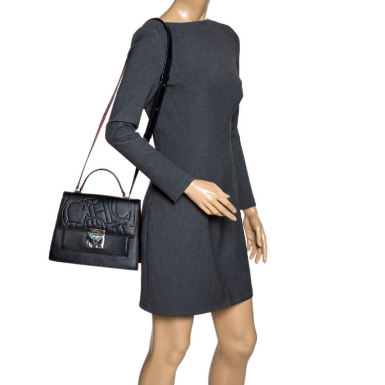 Pre Owned Carolina Herrera Black Embossed Leather Top Handle Bag