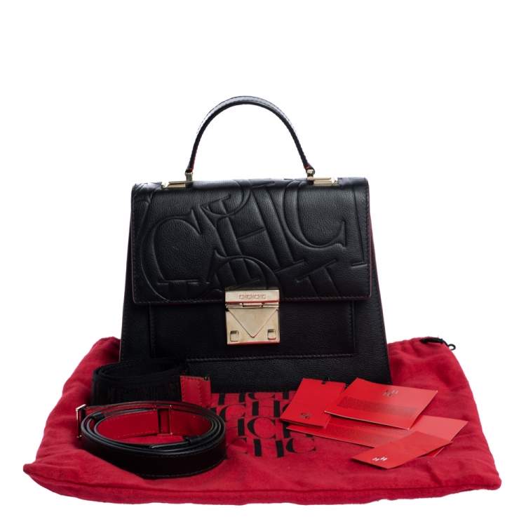 Pre Owned Carolina Herrera Black Embossed Leather Top Handle Bag