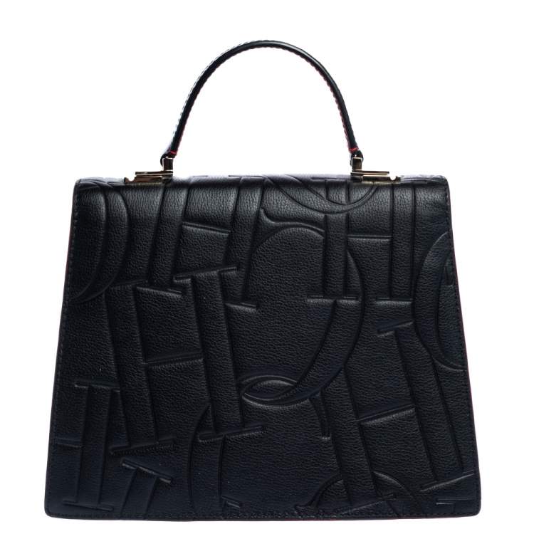 Pre Owned Carolina Herrera Black Embossed Leather Top Handle Bag