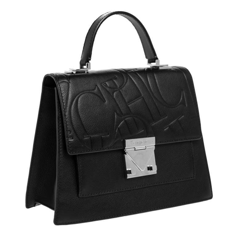 Pre Owned Carolina Herrera Black Embossed Leather Top Handle Bag