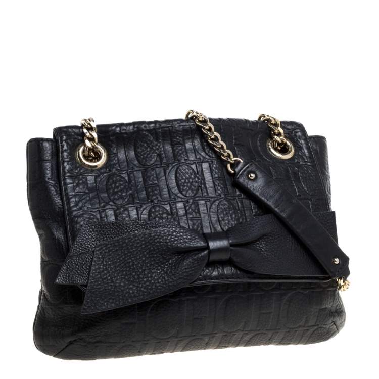 Pre Owned Carolina Herrera Black Monogram Leather Audrey Shoulder Bag