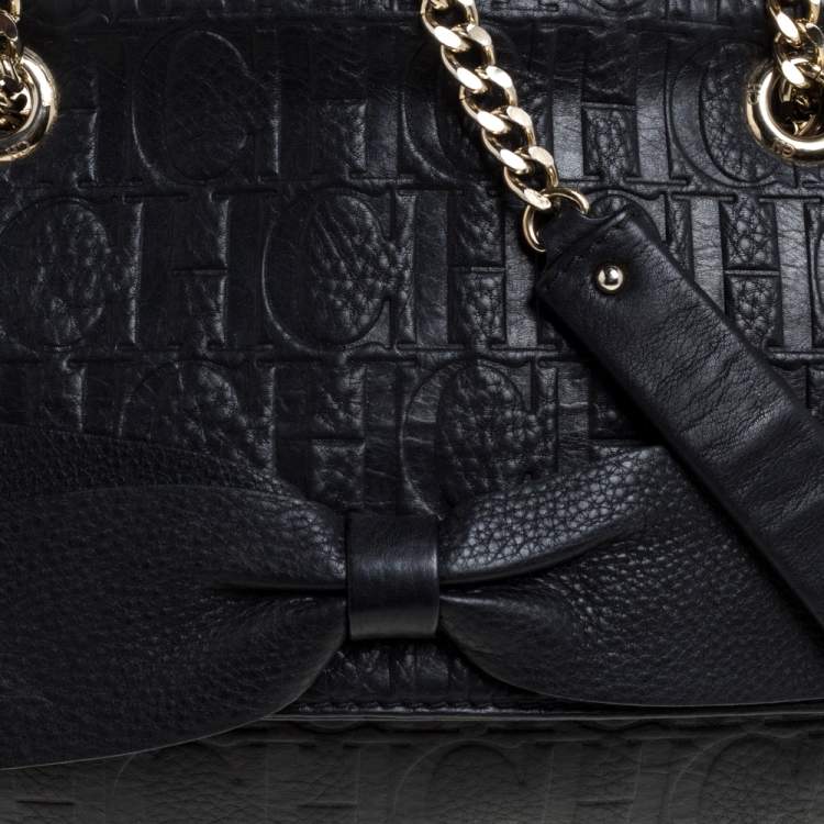 Pre Owned Carolina Herrera Black Monogram Leather Audrey Shoulder Bag