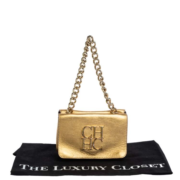 Pre Owned Carolina Herrera Metallic Gold Leather Flap Chain Bag