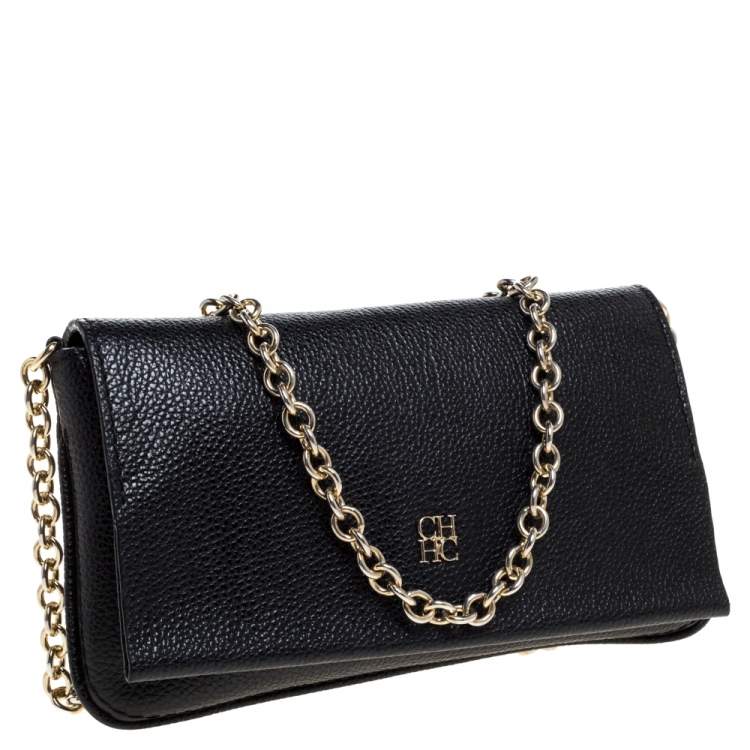 Pre Owned Carolina Herrera Black Leather Chain Flap Shoulder Bag