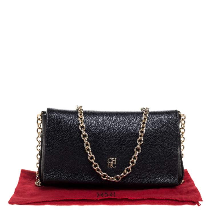 Pre Owned Carolina Herrera Black Leather Chain Flap Shoulder Bag