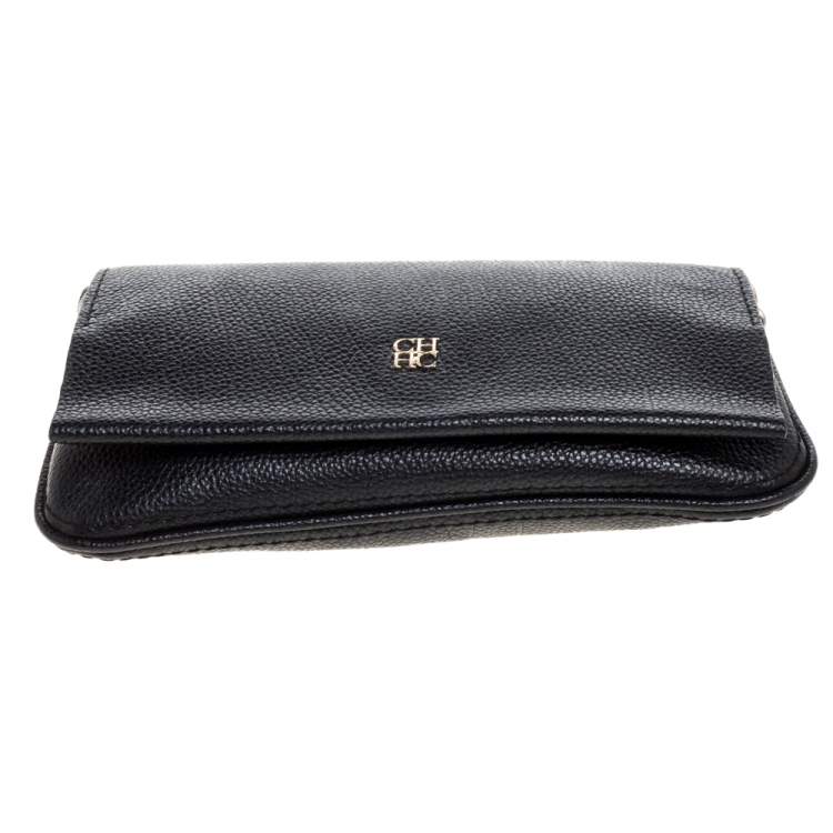 Pre Owned Carolina Herrera Black Leather Chain Flap Shoulder Bag