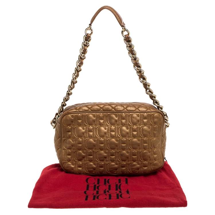 Pre Owned Carolina Herrera Bronze Leather Monogram Camera Bag