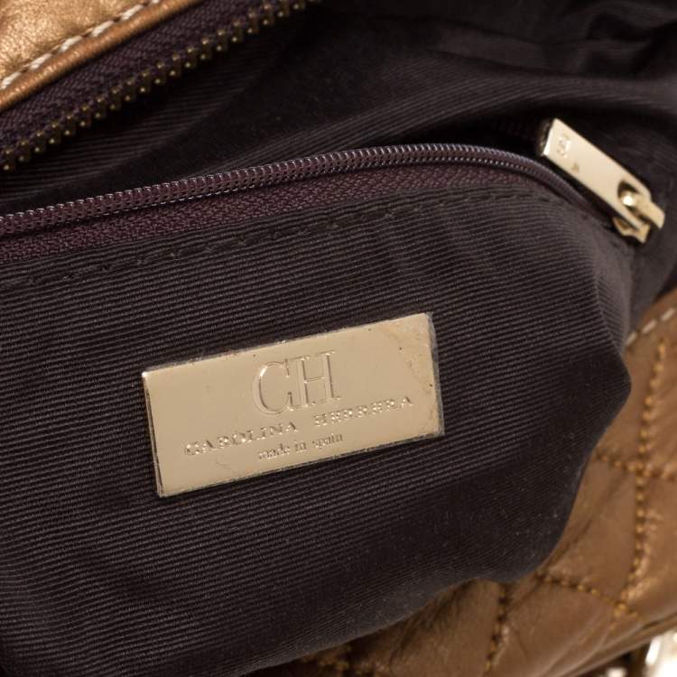 Pre Owned Carolina Herrera Bronze Leather Monogram Camera Bag