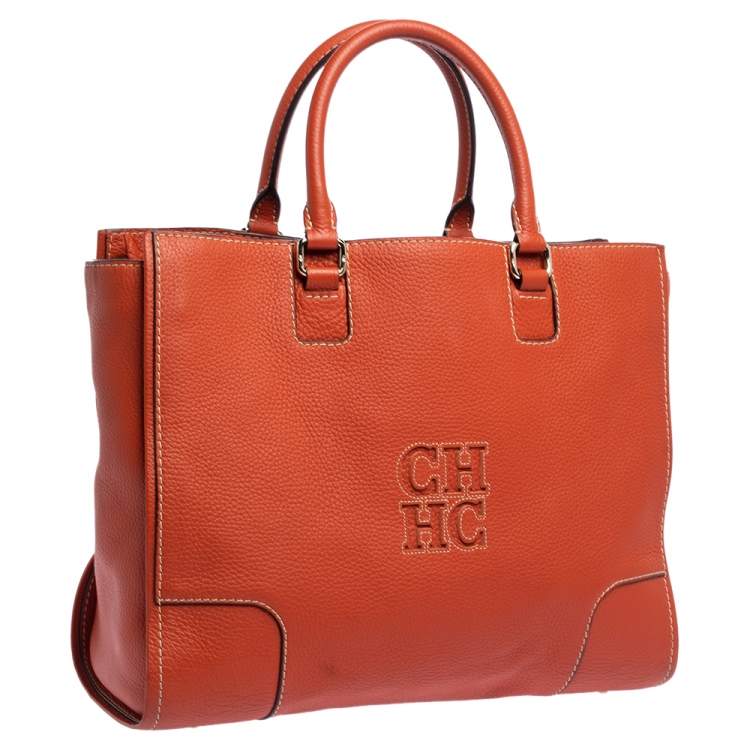 Pre Owned Carolina Herrera Orange Leather Shopper Tote