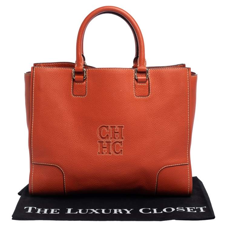 Pre Owned Carolina Herrera Orange Leather Shopper Tote