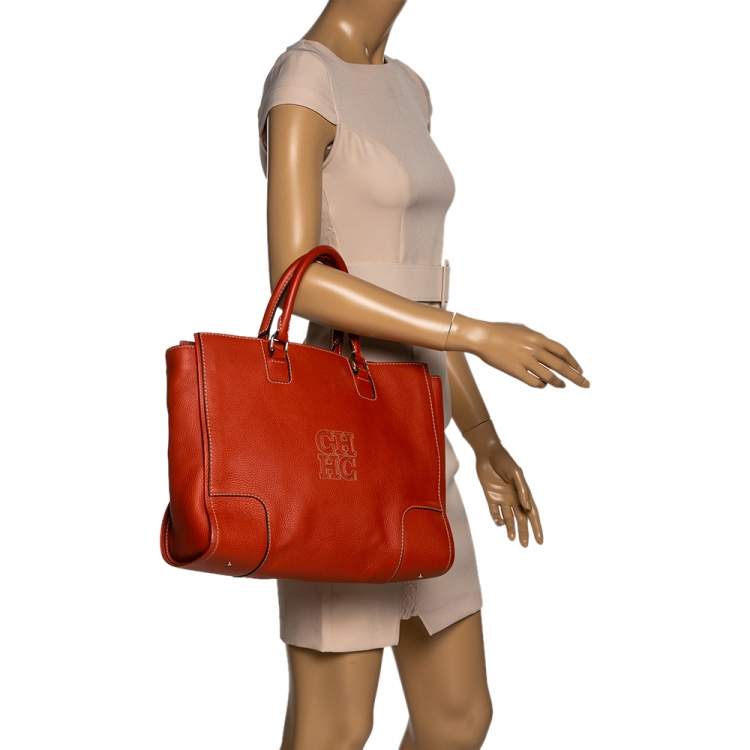 Pre Owned Carolina Herrera Orange Leather Shopper Tote
