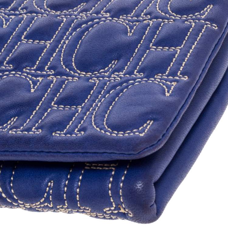 Pre Owned Carolina Herrera Blue Monogram Leather Jerry Clutch 