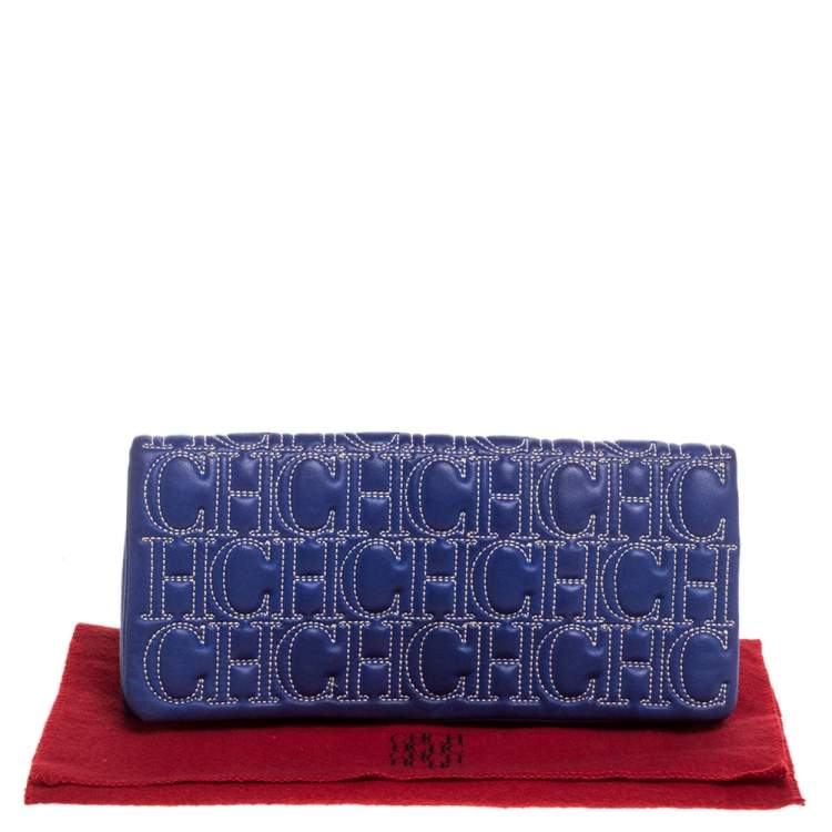 Pre Owned Carolina Herrera Blue Monogram Leather Jerry Clutch 