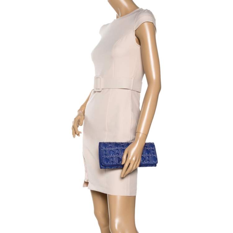 Pre Owned Carolina Herrera Blue Monogram Leather Jerry Clutch 