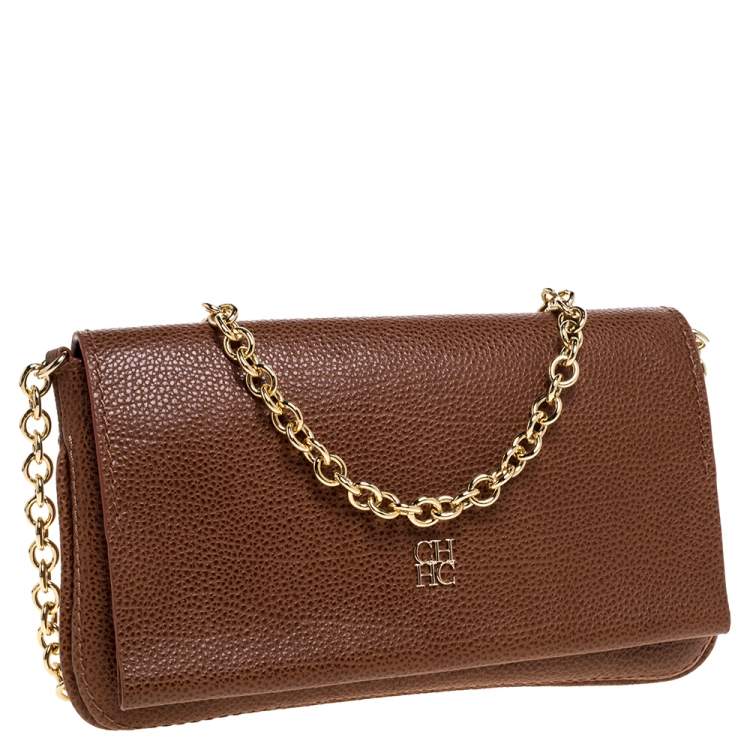 Pre Owned Carolina Herrera Brown Leather Flap Crossbody Bag