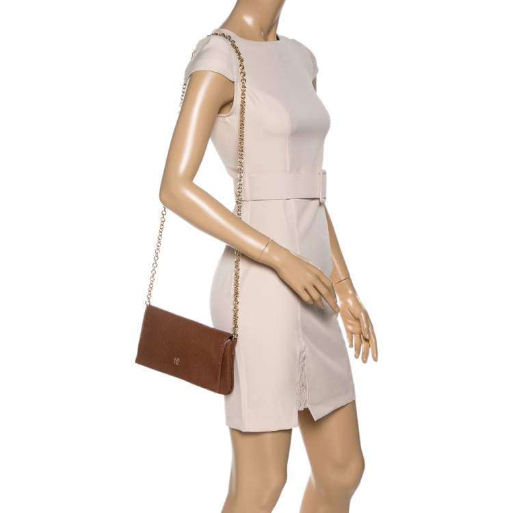 Pre Owned Carolina Herrera Brown Leather Flap Crossbody Bag