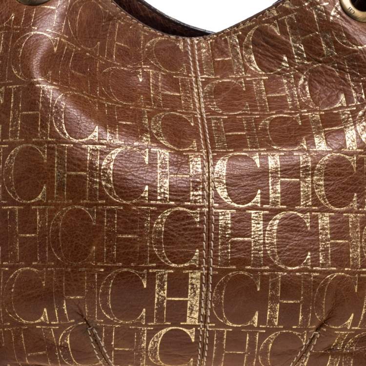 Pre Owned Carolina Herrera Brown/Gold Monogram Leather Chain Tote