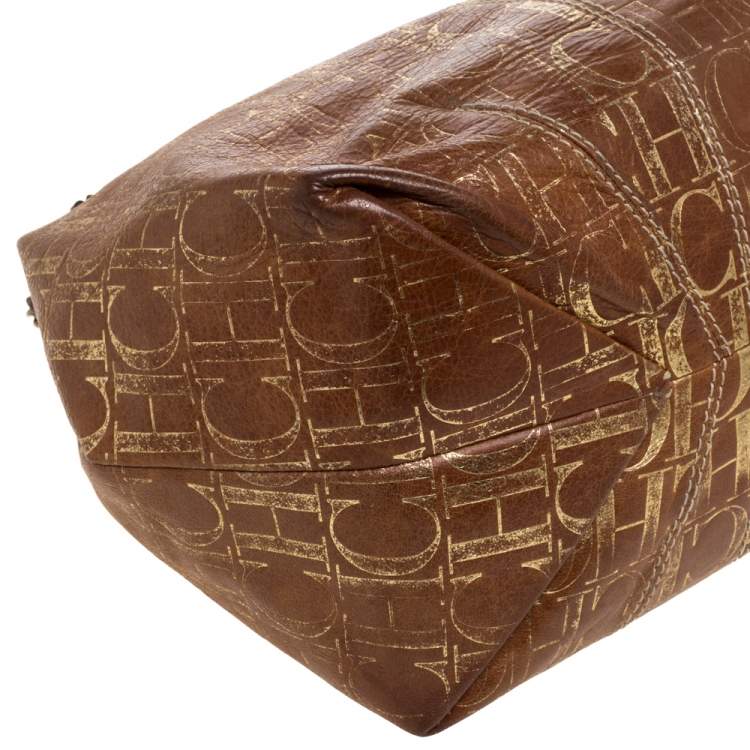 Pre Owned Carolina Herrera Brown/Gold Monogram Leather Chain Tote