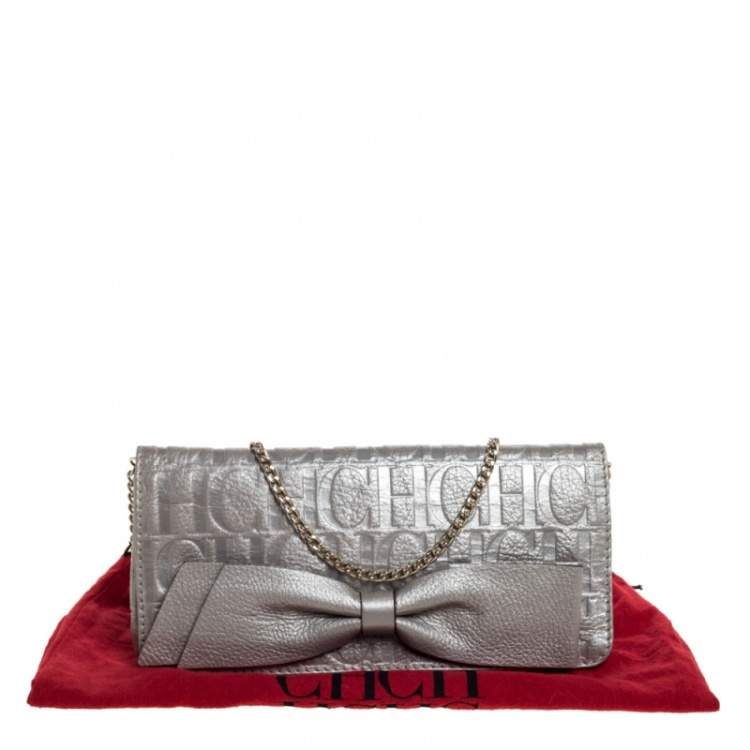 Pre Owned Carolina Herrera Silver Monogram Leather Bow Chain Clutch