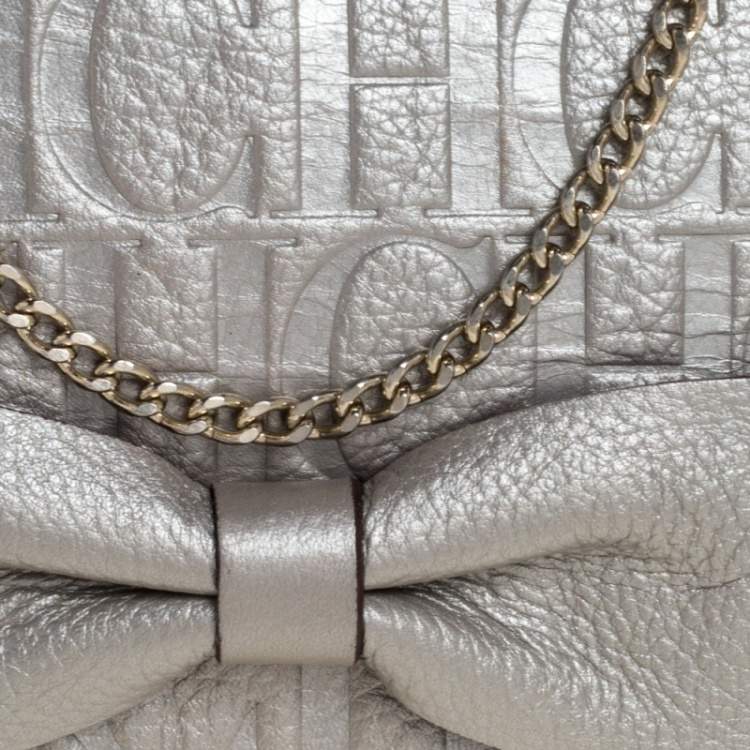 Pre Owned Carolina Herrera Silver Monogram Leather Bow Chain Clutch