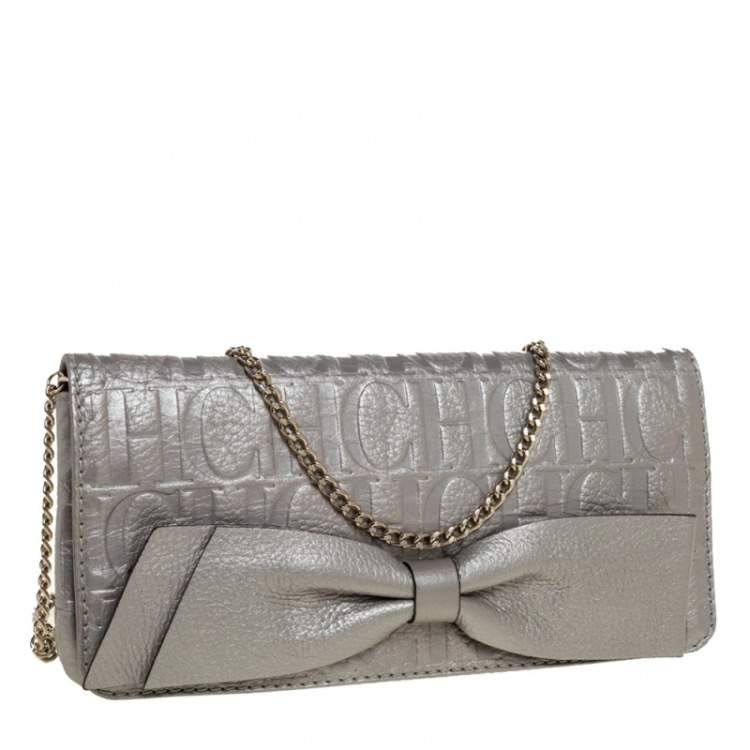 Pre Owned Carolina Herrera Silver Monogram Leather Bow Chain Clutch