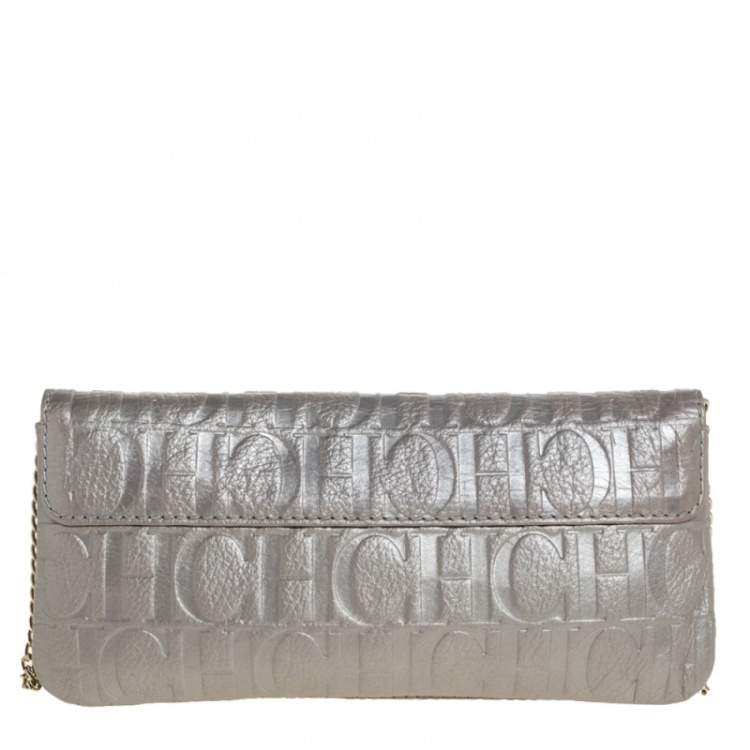 Pre Owned Carolina Herrera Silver Monogram Leather Bow Chain Clutch