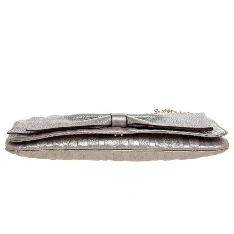 Pre Owned Carolina Herrera Silver Monogram Leather Bow Chain Clutch