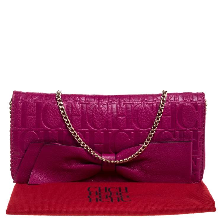 Pre Owned Carolina Herrera Dark Pink Monogram Leather Bow Chain Clutch