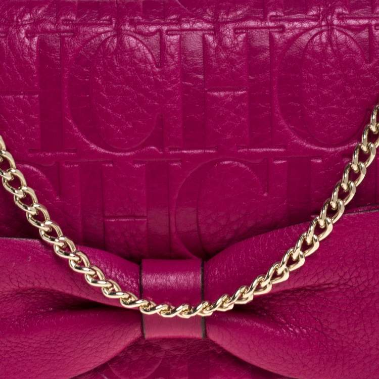 Pre Owned Carolina Herrera Dark Pink Monogram Leather Bow Chain Clutch
