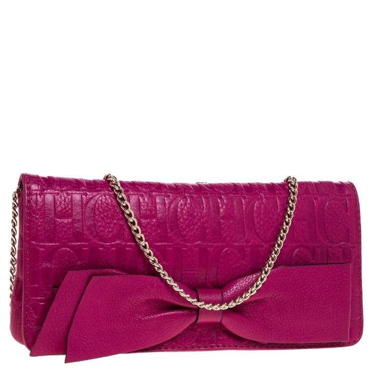 Pre Owned Carolina Herrera Dark Pink Monogram Leather Bow Chain Clutch