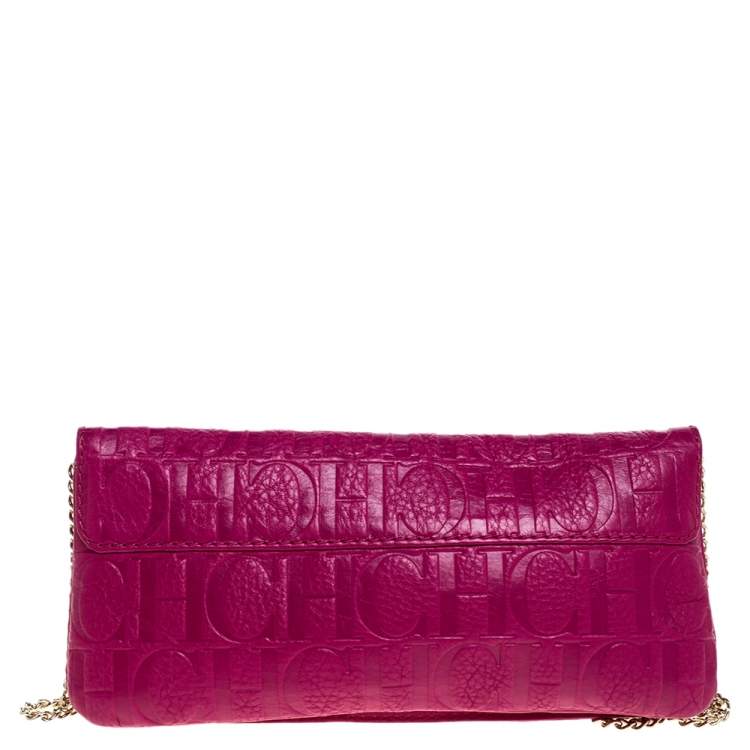 Pre Owned Carolina Herrera Dark Pink Monogram Leather Bow Chain Clutch
