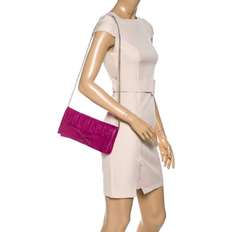 Pre Owned Carolina Herrera Dark Pink Monogram Leather Bow Chain Clutch