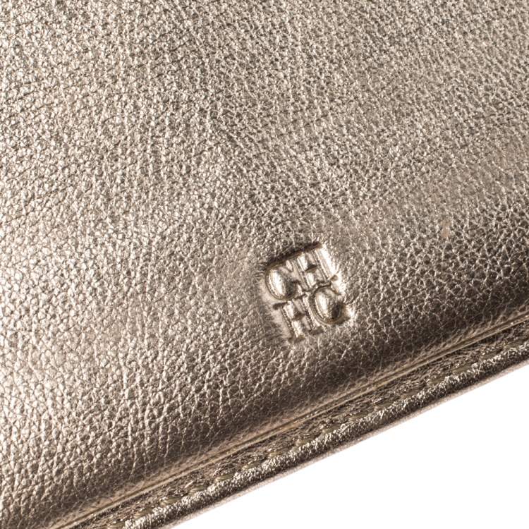 Pre Owned Carolina Herrera Gold Floral Embossed Leather Flap Continental Wallet