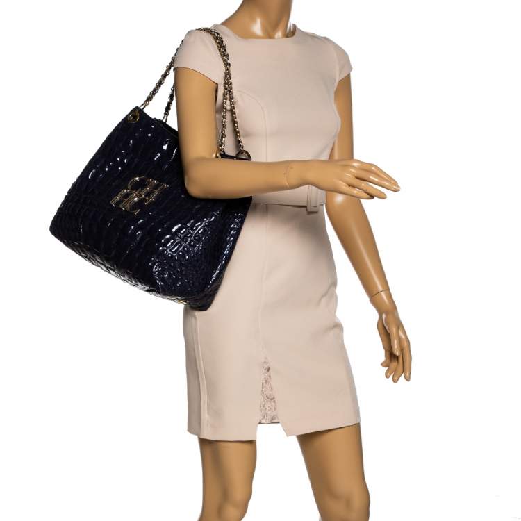 Pre Owned Carolina Herrera Purple Croc Embossed Patent Leather Tote