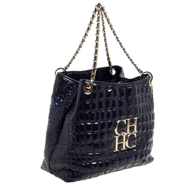 Pre Owned Carolina Herrera Purple Croc Embossed Patent Leather Tote