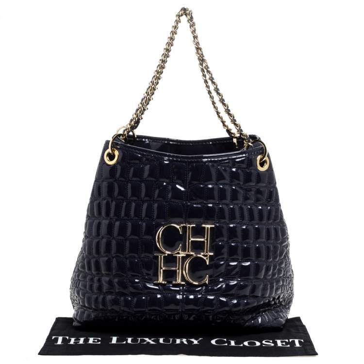 Pre Owned Carolina Herrera Purple Croc Embossed Patent Leather Tote