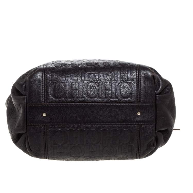 Pre Owned Carolina Herrera Dark Brown Monogram Leather Tassel Tote