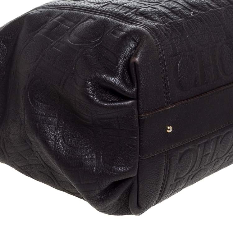 Pre Owned Carolina Herrera Dark Brown Monogram Leather Tassel Tote