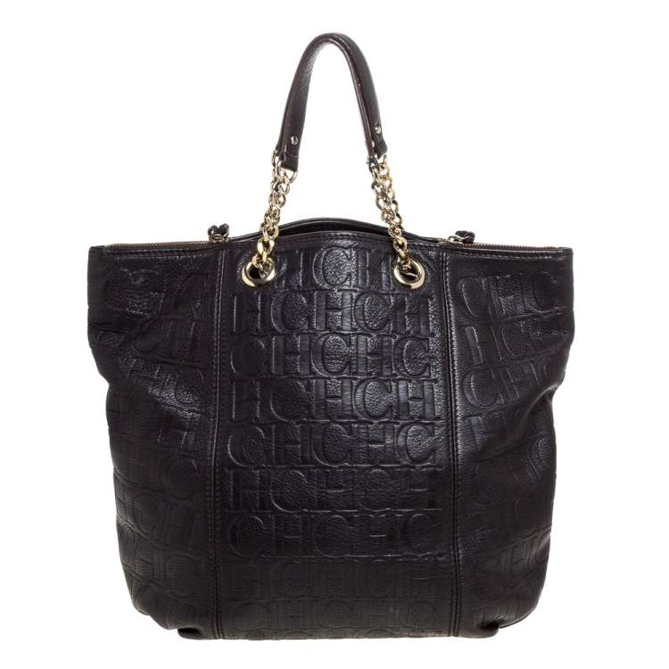 Pre Owned Carolina Herrera Dark Brown Monogram Leather Tassel Tote