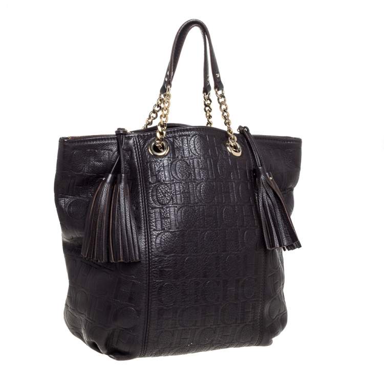Pre Owned Carolina Herrera Dark Brown Monogram Leather Tassel Tote