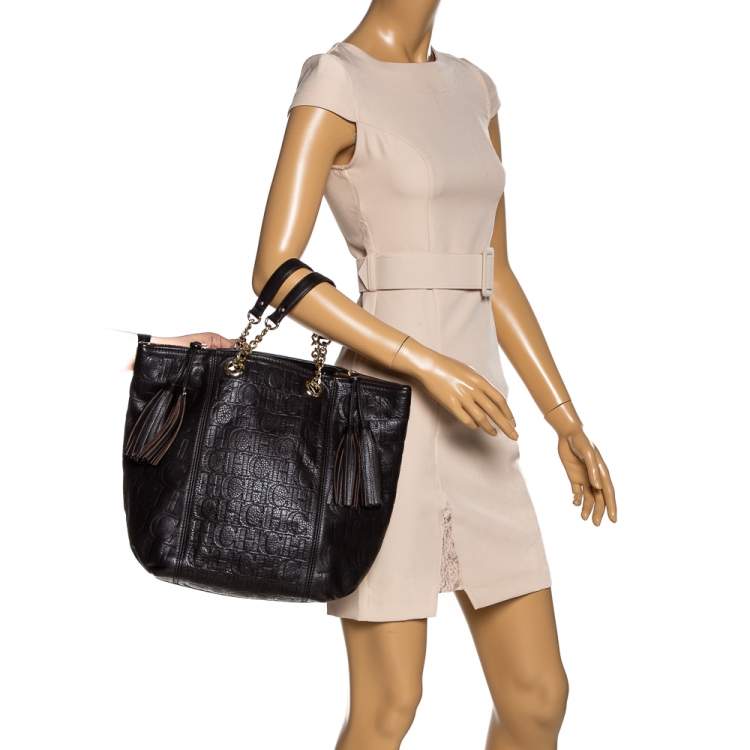 Pre Owned Carolina Herrera Dark Brown Monogram Leather Tassel Tote