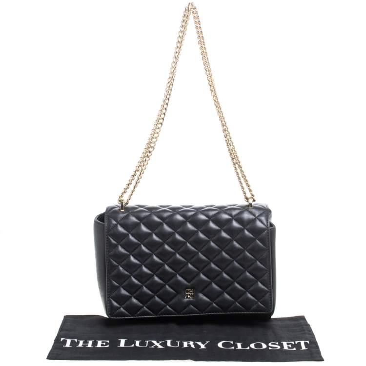 Pre Owned Carolina Herrera Black Quilted Leather Flap Chain Shoulder Bag