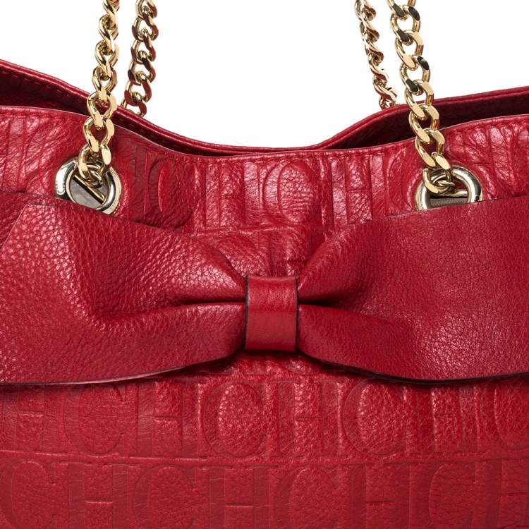 Pre Owned Carolina Herrera Red Monogram Leather Audrey Tote