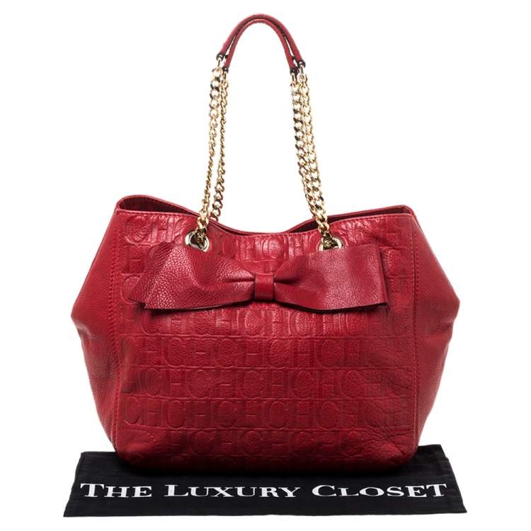 Pre Owned Carolina Herrera Red Monogram Leather Audrey Tote