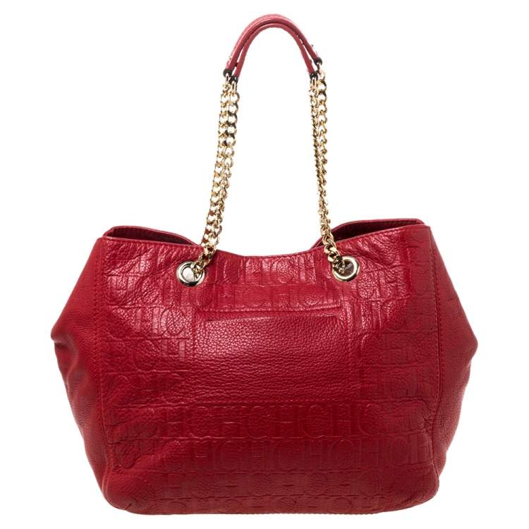 Pre Owned Carolina Herrera Red Monogram Leather Audrey Tote