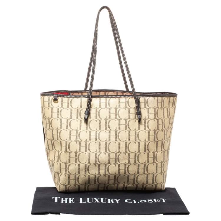 Pre Owned Carolina Herrera Beige/Brown Monogram PVC and Leather Shopper Tote