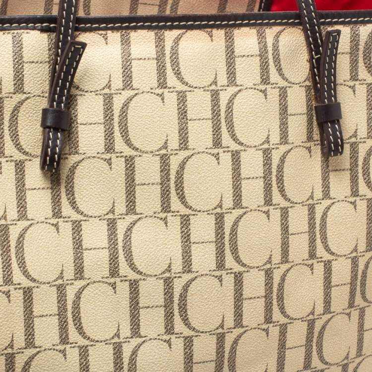 Pre Owned Carolina Herrera Beige/Brown Monogram PVC and Leather Shopper Tote
