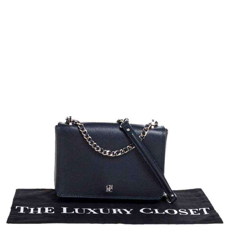 Pre Owned Carolina Herrera Navy Blue Leather  Flap Shoulder Bag