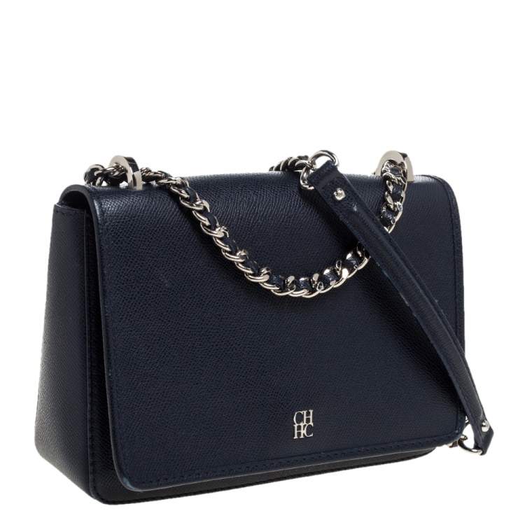 Pre Owned Carolina Herrera Navy Blue Leather  Flap Shoulder Bag