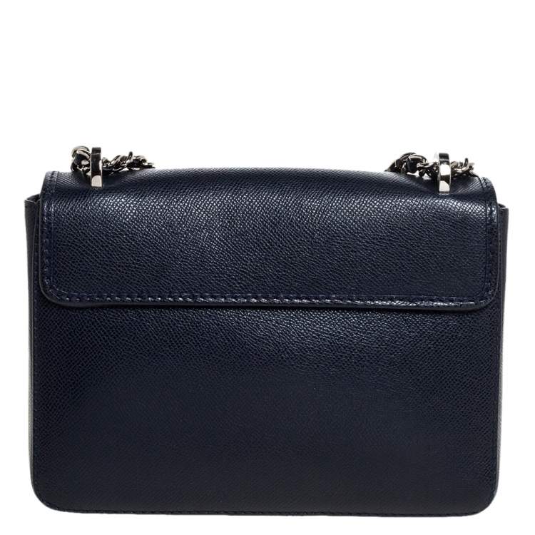 Pre Owned Carolina Herrera Navy Blue Leather  Flap Shoulder Bag